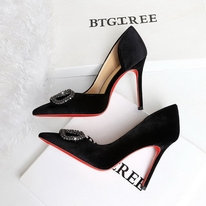 French Elegant Lady Ultra High Heel Stiletto Heel Red Bottom High Grade Rhinestone V Buckle Suede Shoes