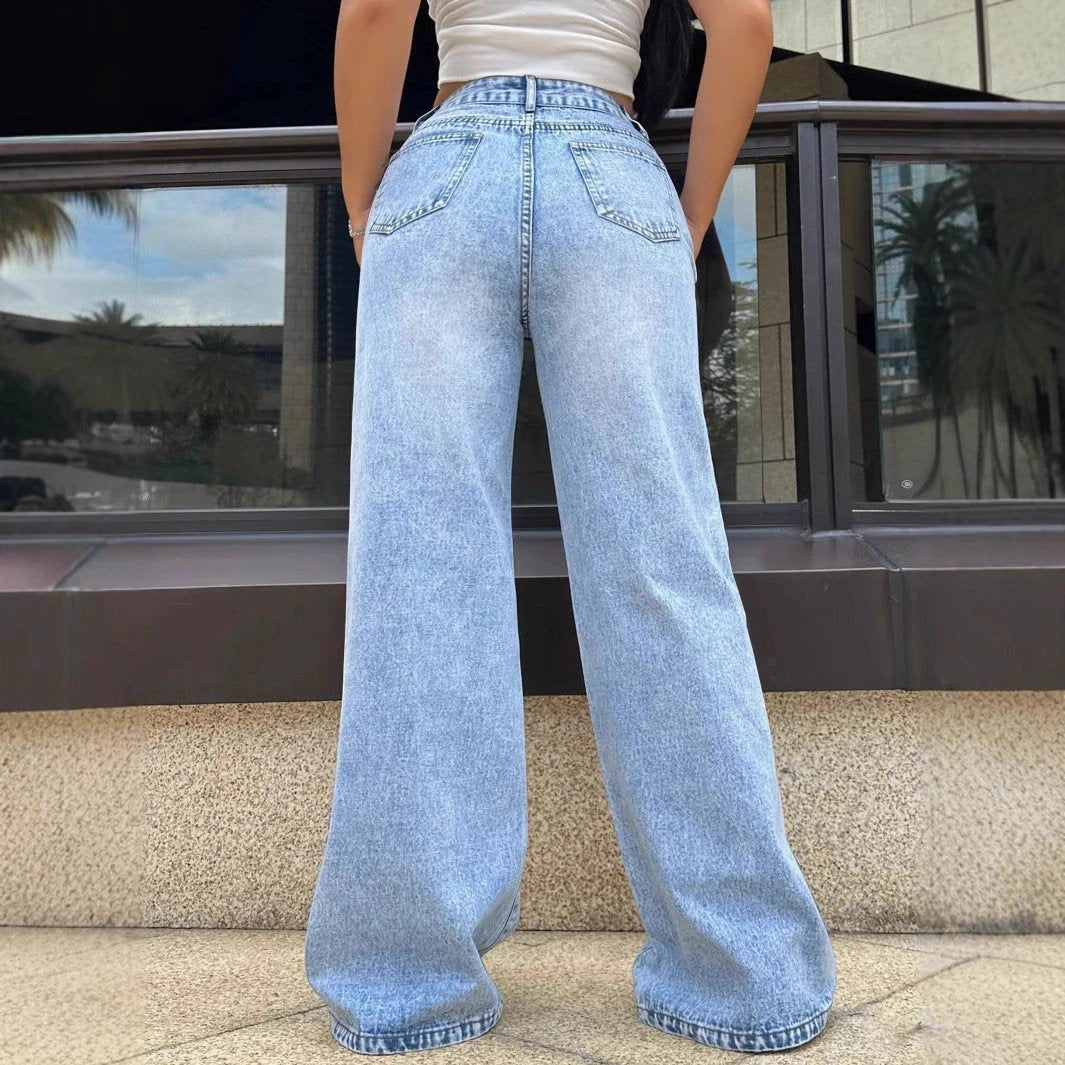 Ripped Washed Loose Straight Wide Leg Jeans