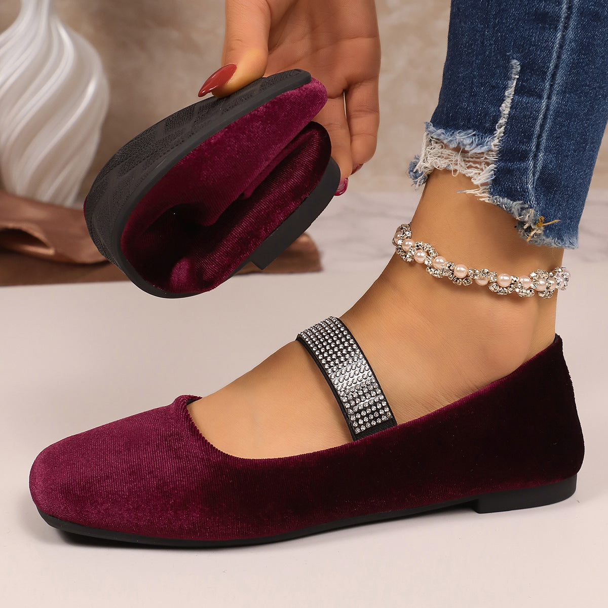 Arrival Suede Rhinestones Flat Pumps Women Comfortable Square Toe Low Cut Lightweight Four Seasons Work Shoes
