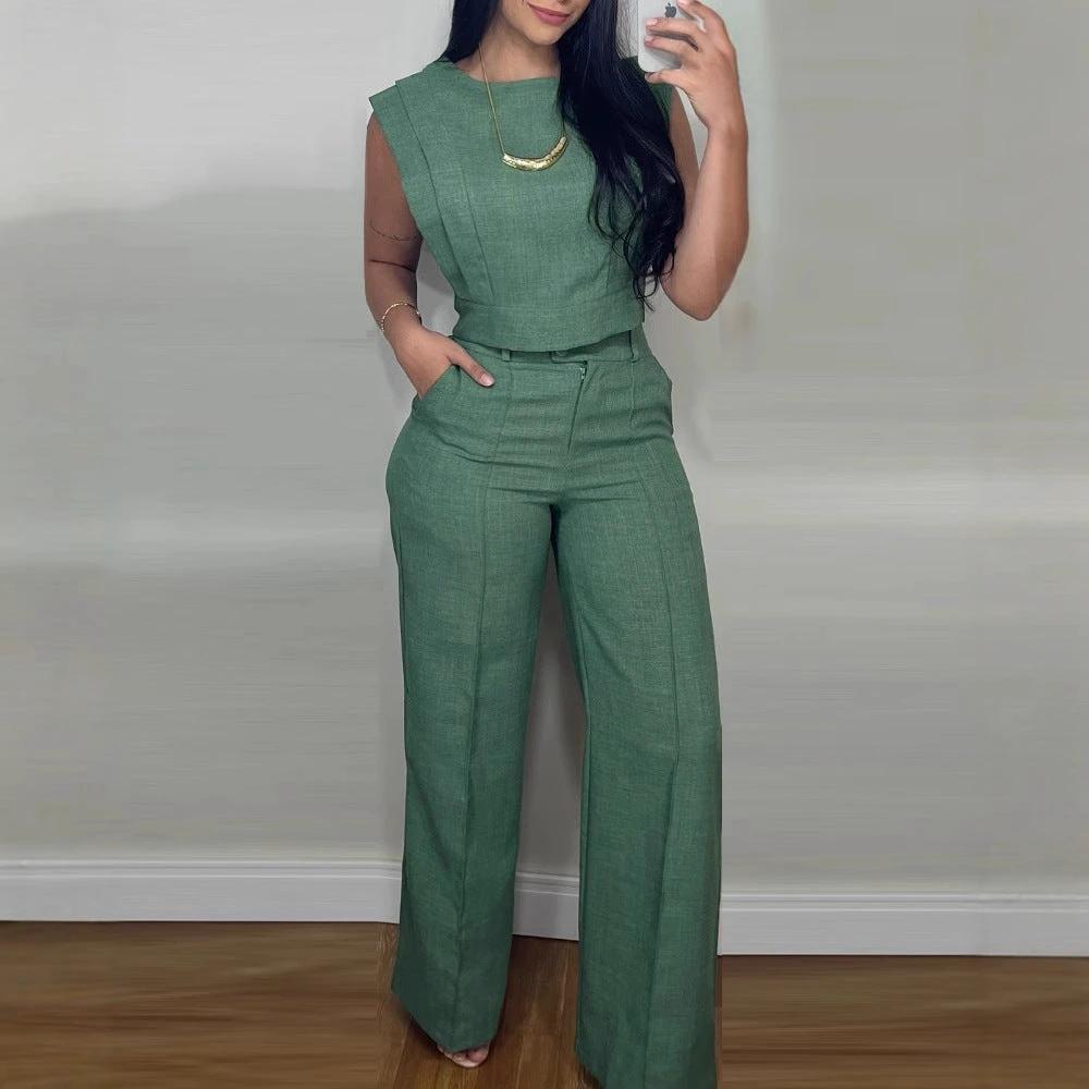 Summer Sleeveless Suit Fashion Round Neck Vest Top And Pocket Straight Pants Casual Trousers Set For Women Clothing