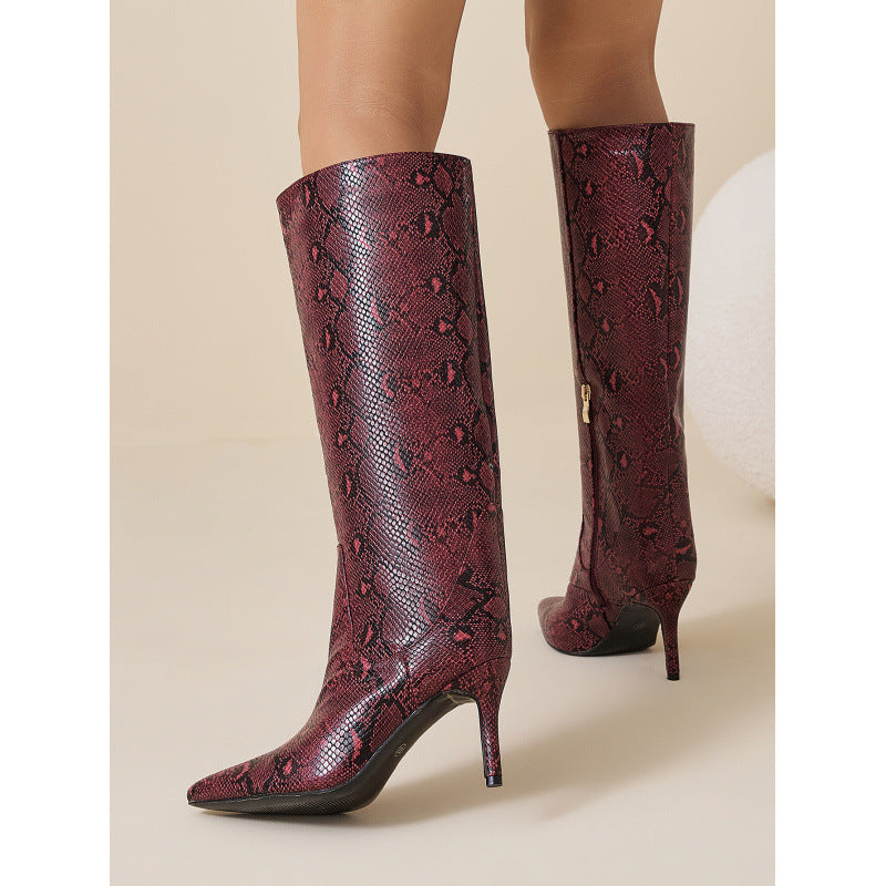 Straight Stiletto Snake Pattern Pointed Toe Side Zip Comfortable Outdoor Women Boots