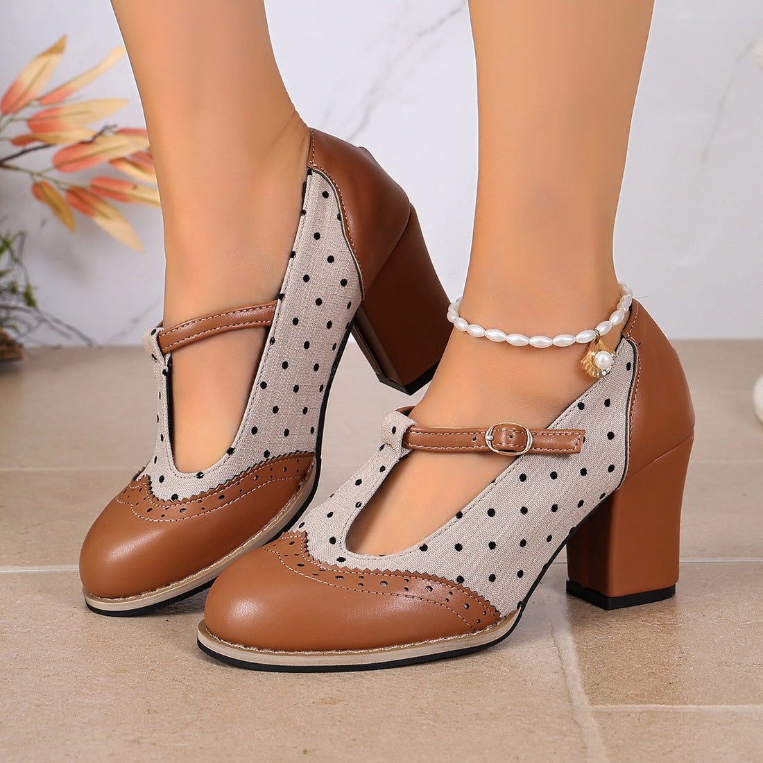 Lace Mary Jane Low Top Shoes Women Color Matching T Straps Shallow Mouth Thick High Heel Buckle Women Shoes