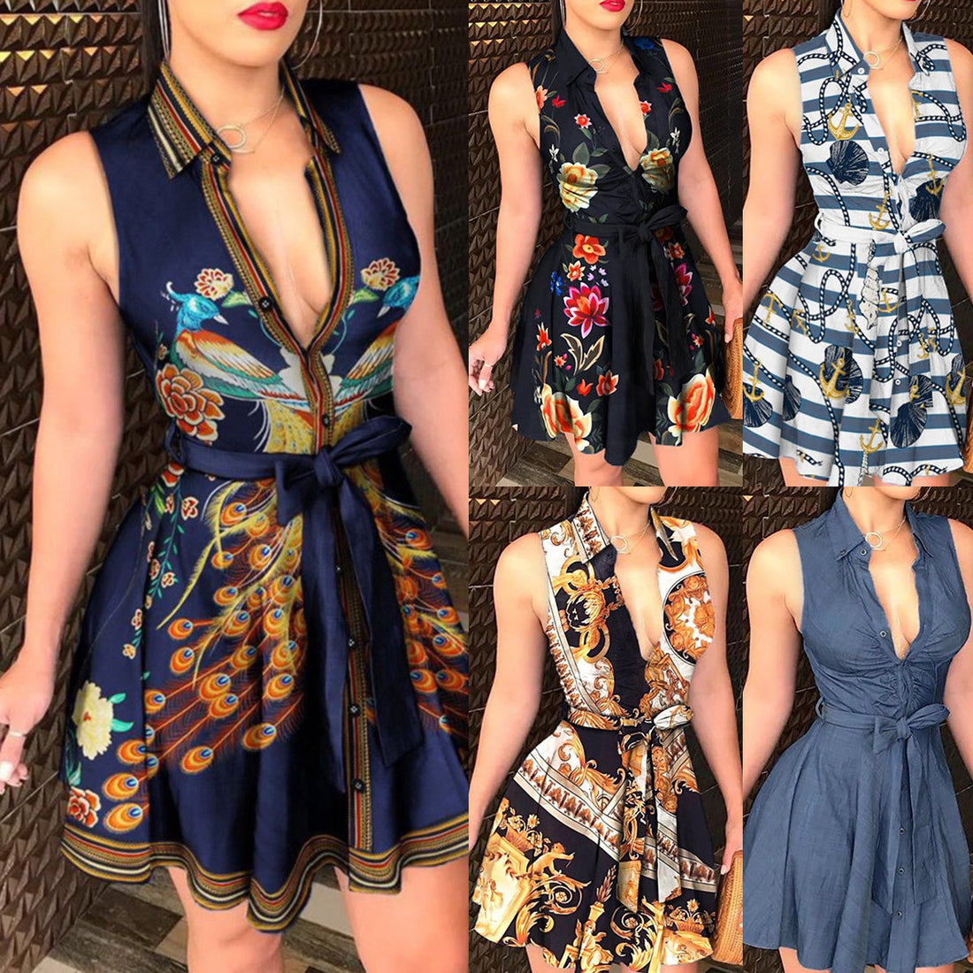 V-neck Lace up Fashion Print Dress