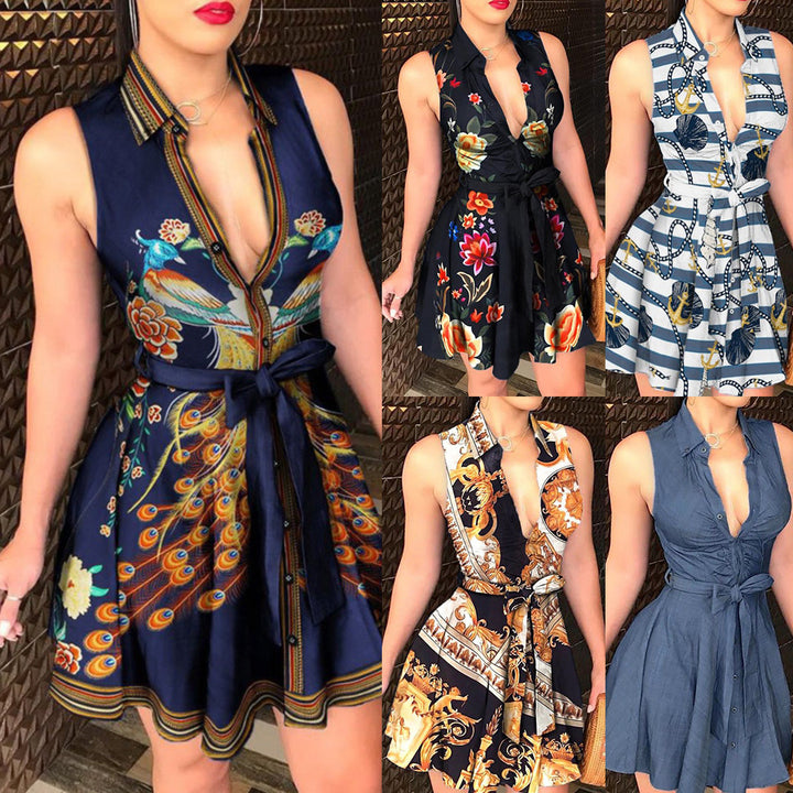 V-neck Lace up Fashion Print Dress