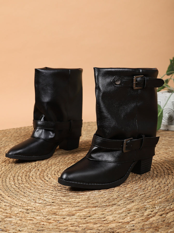 Medium Straight Pants Pipe Boots Women Autumn Winter Simple Big Tube Circumference Thick Heel Pointed Boots