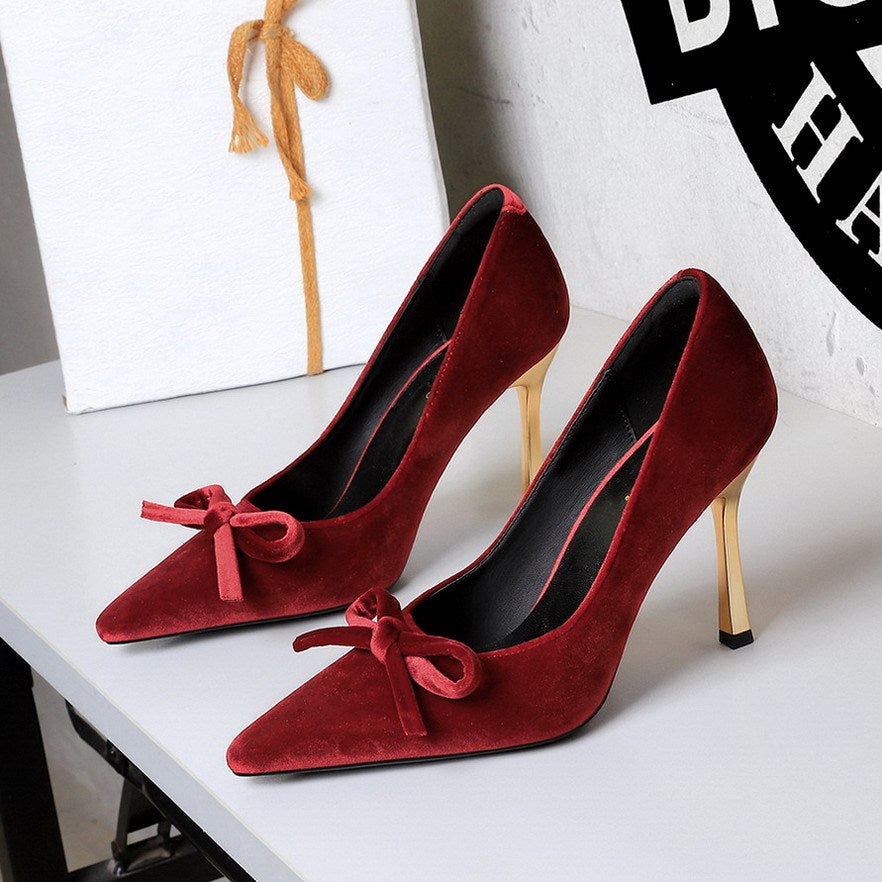 French Metal High Heel Slip on Stilettos Bow Suede Cocktail Goddess Shoes