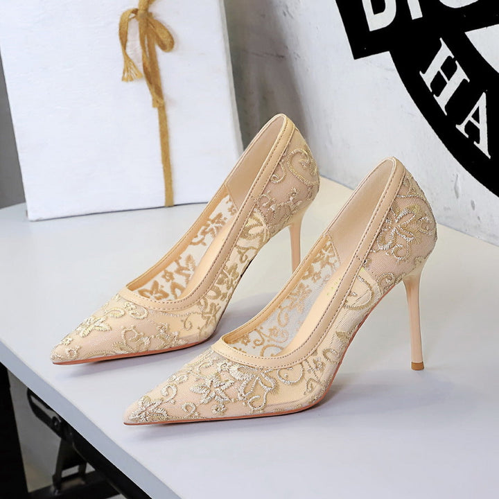 Hollow Out Cutout Super High Heel Women Shoes Pointed Toe Shallow Mouth Cocktail High Heels Floral Stiletto Heel Lace Shoes Women