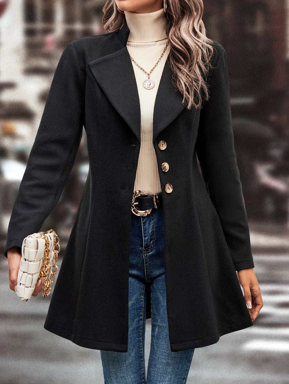 Women Clothing Fall Winter Lapels Slim Fit Wool Solid Color Coat