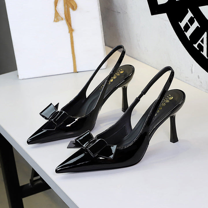 Cocktail Bow Pointed Low Cut Patent Leather Back Empty Back Strap Stiletto Heel Sandals Women