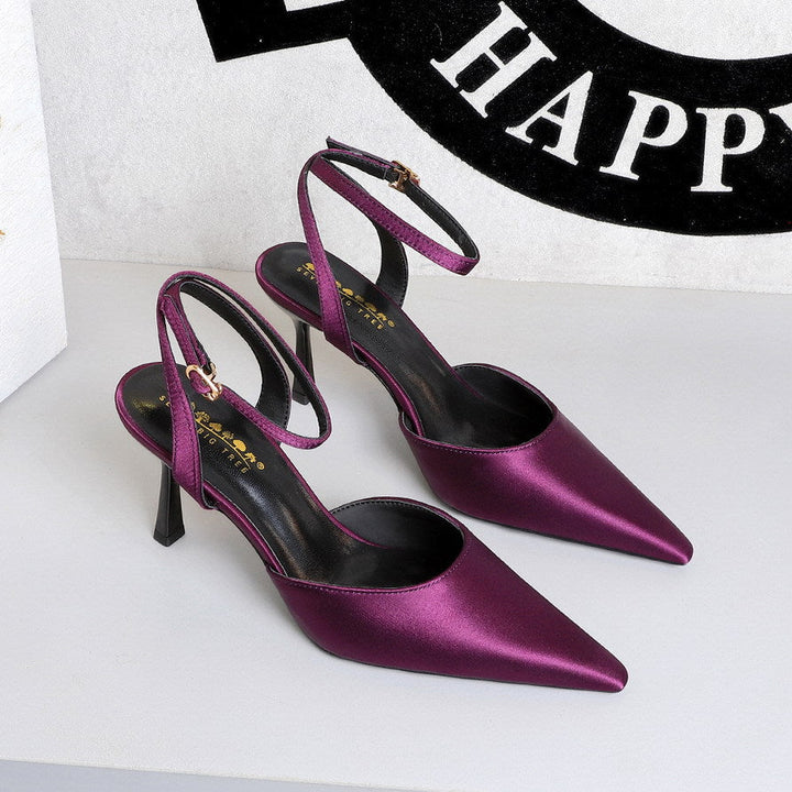 Sexy Nightclub Hollow Out Cutout out Stiletto Women Shoes Pointed Shallow Mouth Senior Satin Rear Empty Strap