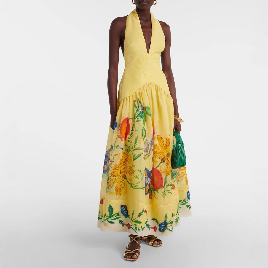Summer Printing Halter Backless Large Swing Deep V Plunge neck Linen Dress Women