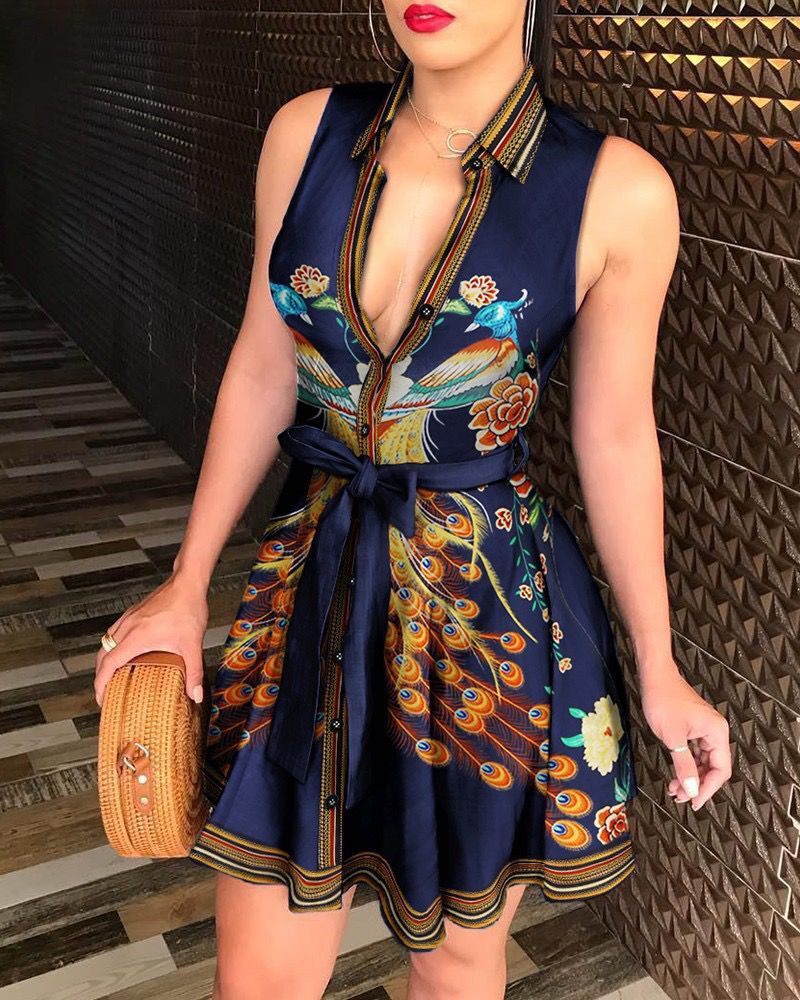 V-neck Lace up Fashion Print Dress