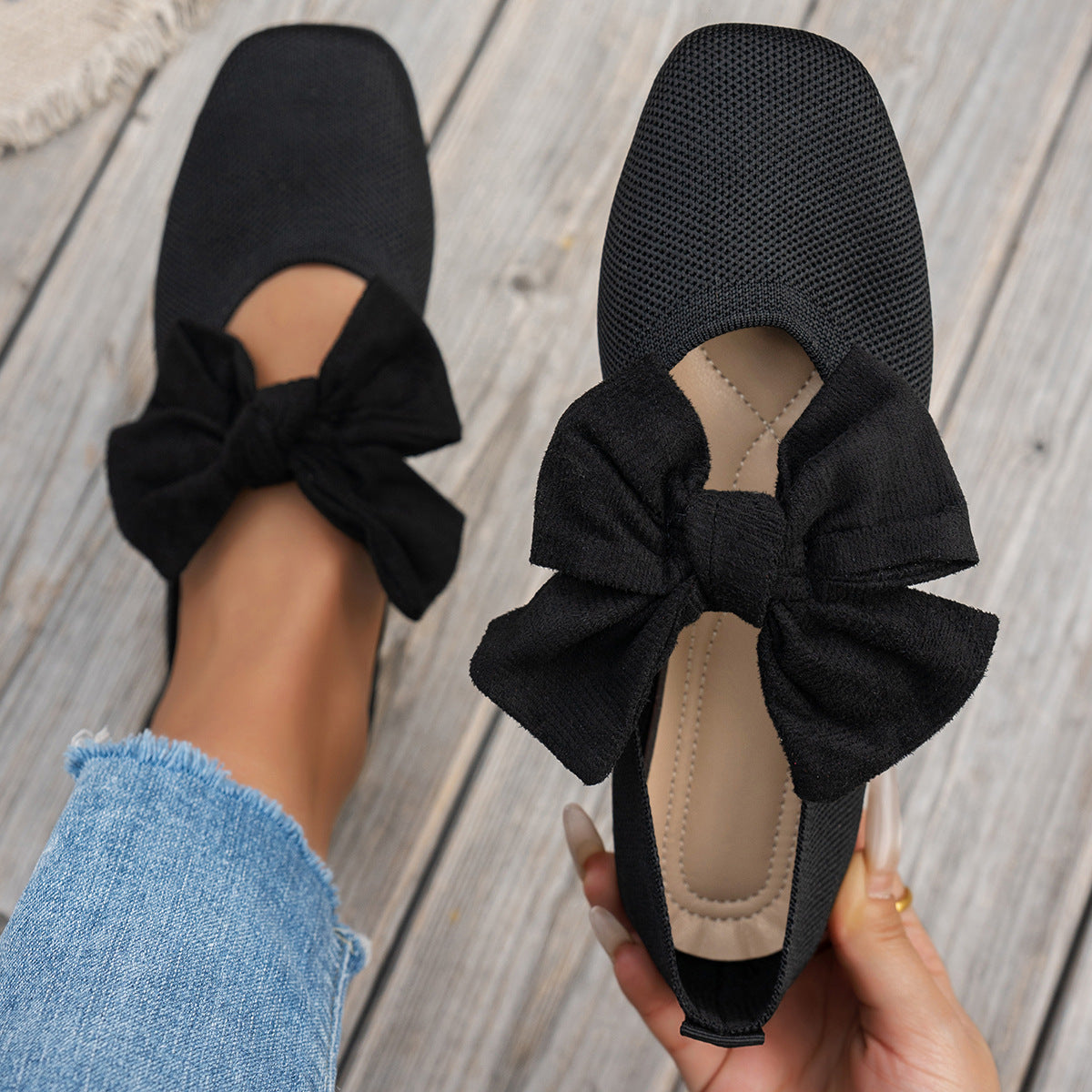 Autumn Bow Knitted Square Toe Flat Shoes Women Breathable Low Cut Tods Casual Shoes
