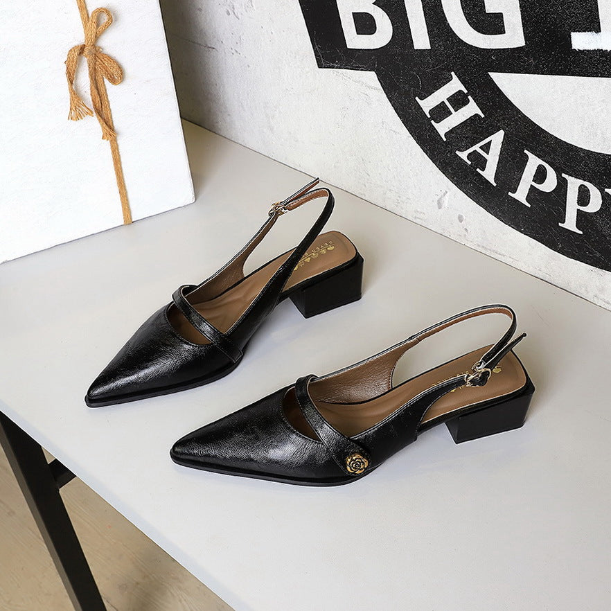 Retro Brown Camellia Pumps Word with Chunky Heel Low Heel Back Empty Back Strap Women Shoes