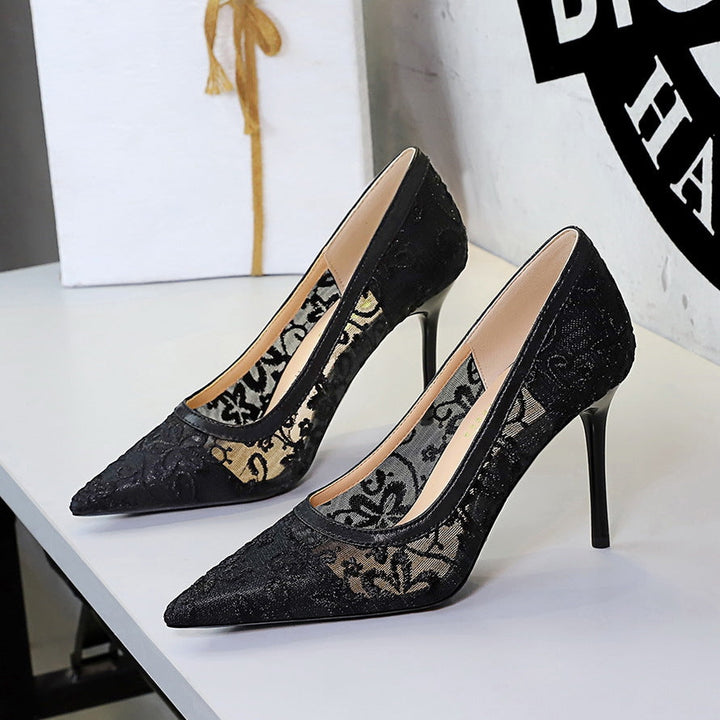 Hollow Out Cutout Super High Heel Women Shoes Pointed Toe Shallow Mouth Cocktail High Heels Floral Stiletto Heel Lace Shoes Women