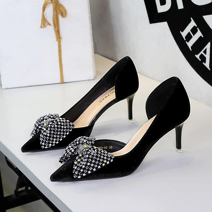 Super Large Rhinestone Bow Pointed Slip on Side Hollow Out Cutout Suede Pumps Women