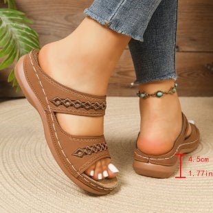 Hollow Out Cutout Embroidered Platform Peep Toe Slippers Women Lightweight Sewing Thread Wedge Beach Slippers