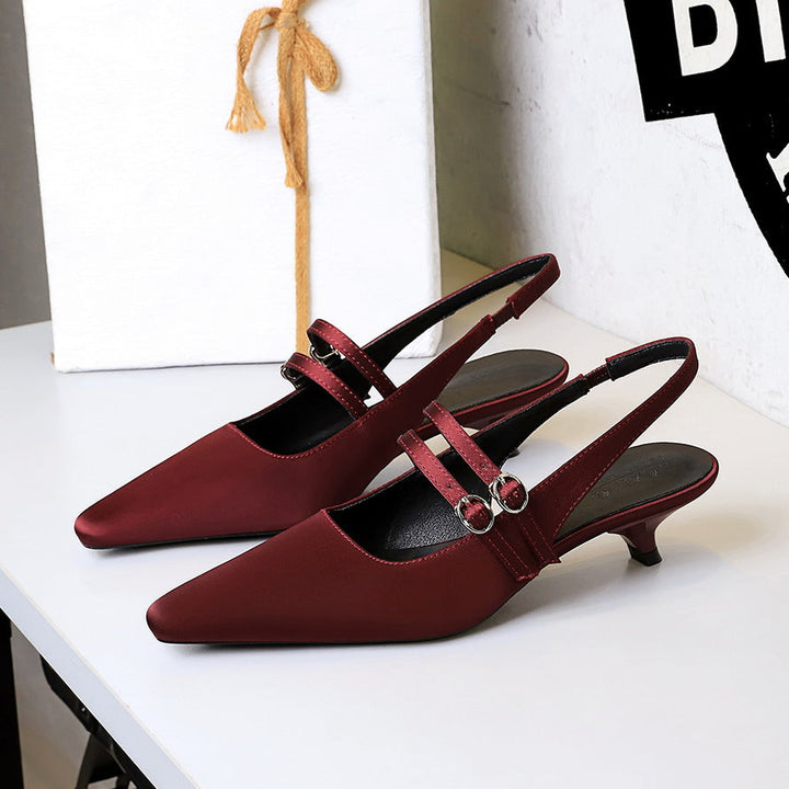 Korean Pointed Toe Strap Hollow Out Cutout Back Shoes Back Strap Comfortable Low Heel Pumps Low Cut Wine Cup Heel Satin Women Shoes