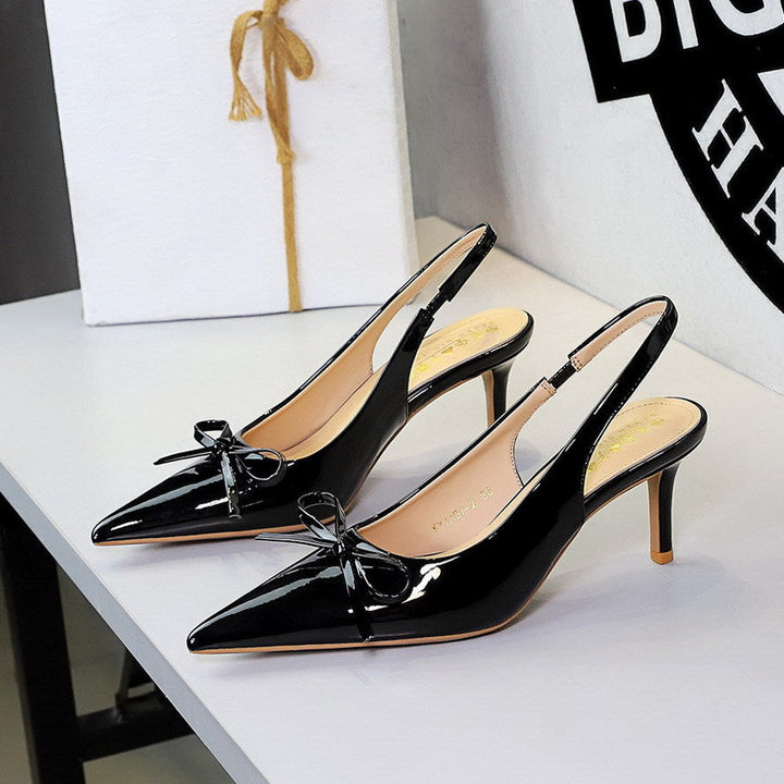Bowknot Decorative Pointed Shallow Mouth Patent Leather Rear Empty Back Strap Stiletto Sandals