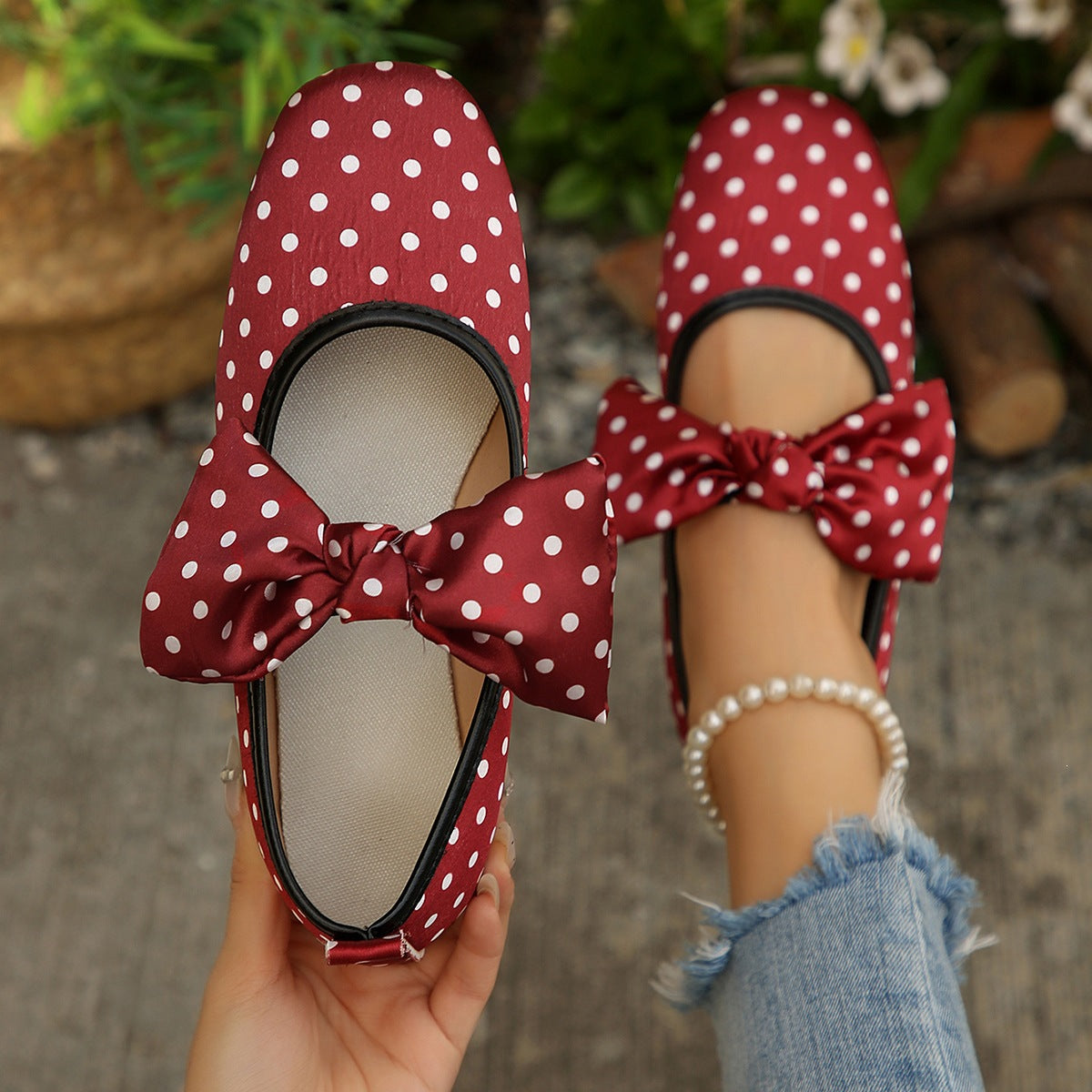Bow Polka Dot Shallow Mouth Pumps Women Mary Jane Ballet Flat Four Seasons Boat Shoes