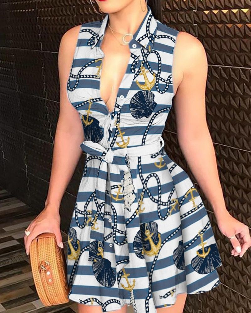 V-neck Lace up Fashion Print Dress