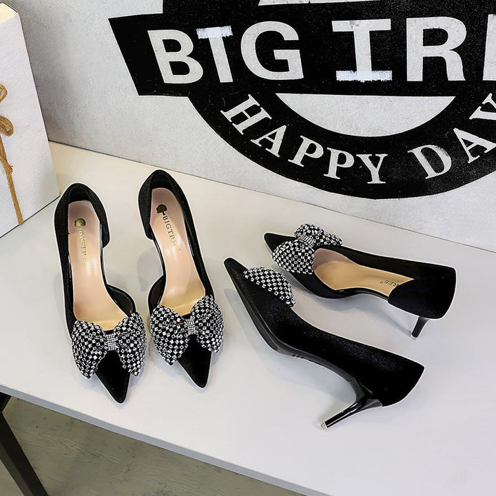 Super Large Rhinestone Bow Pointed Slip on Side Hollow Out Cutout Suede Pumps Women