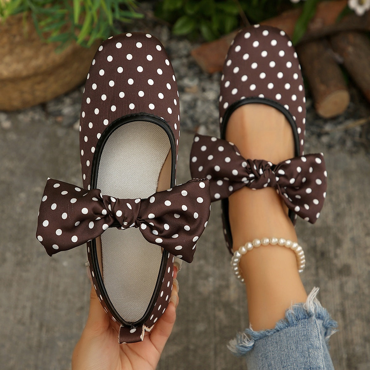 Bow Polka Dot Shallow Mouth Pumps Women Mary Jane Ballet Flat Four Seasons Boat Shoes