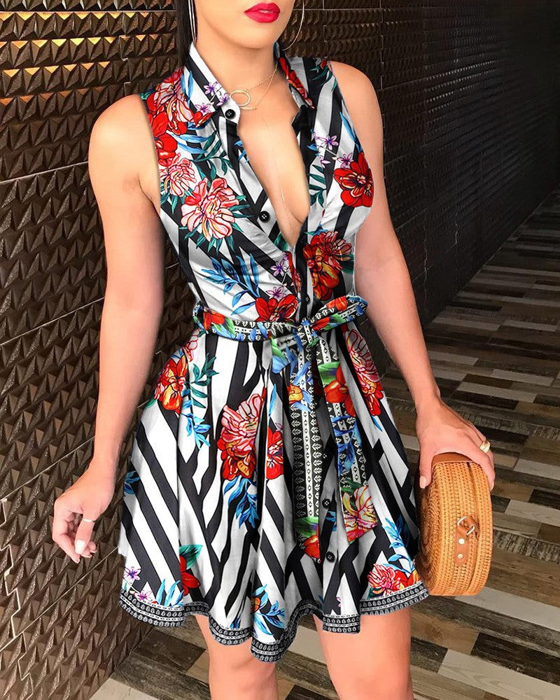 V-neck Lace up Fashion Print Dress