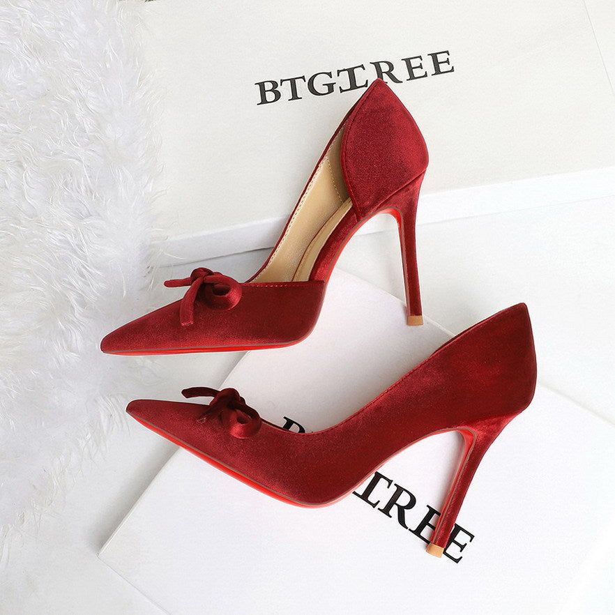 Sexy Red Bottom Stilettos Bow Side Empty High Heels Pointed Toe Cocktail Pumps Women
