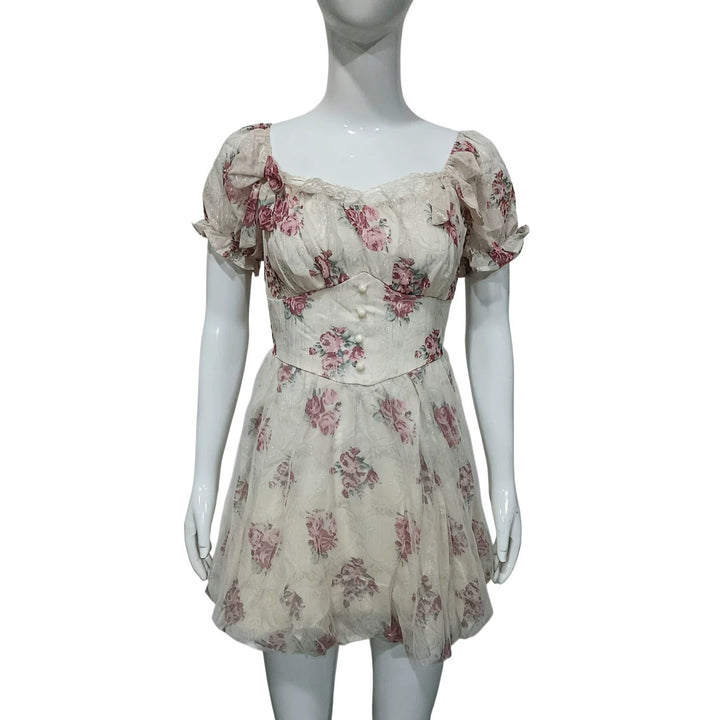 Retro Spicy Girl Square Collar Lace Stitching Bow Dress Women Summer Small Bright Silk Floral Dress