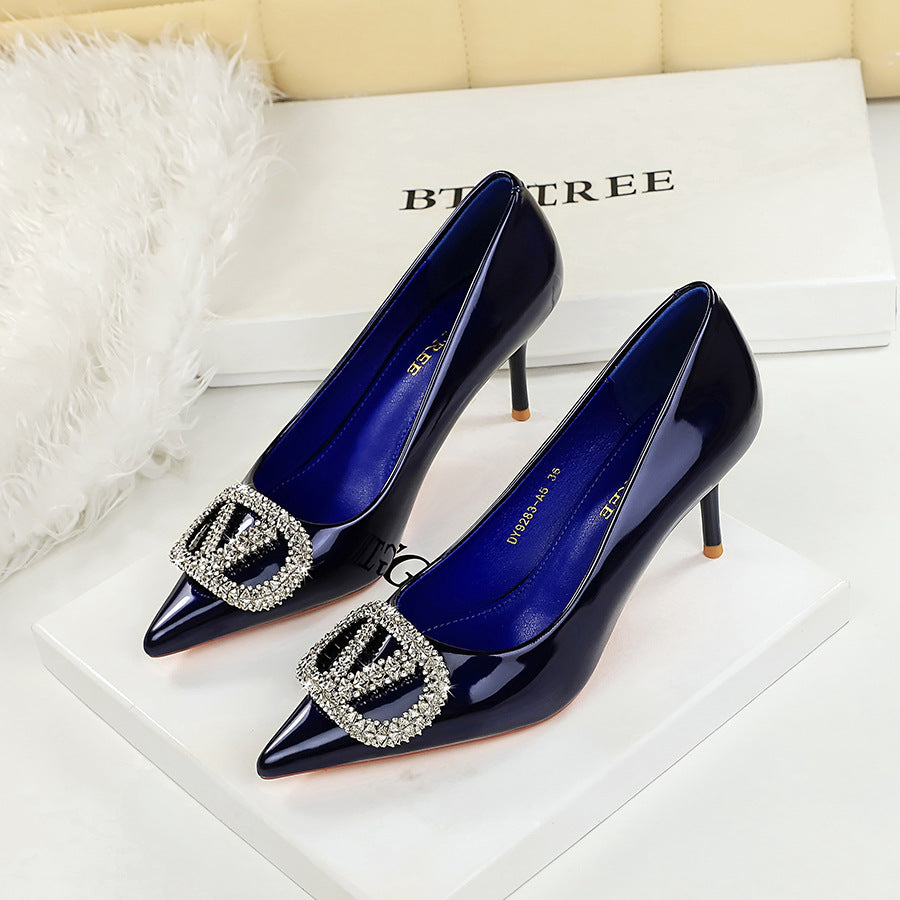 Sexy Party Super High Heel Women Shoes Dignified Rhinestone V Buckle Pointed Toe Shallow Mouth Stiletto Heel Pumps