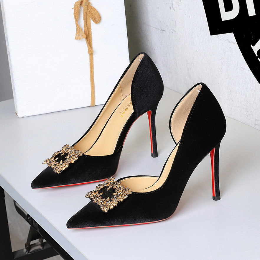 Korean Suede Side Empty Shoes Women Super High Heel Sexy Pointed Toe Rhinestone Square Buckle Stiletto Women Shoes