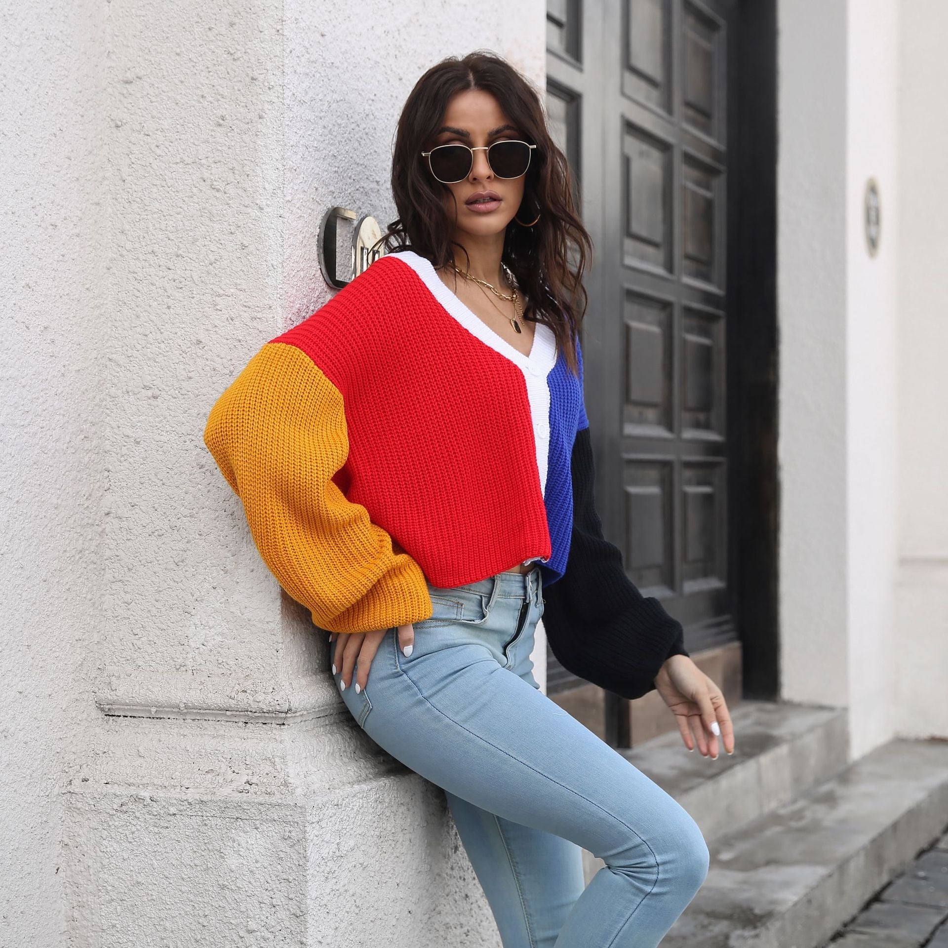 Color Stitching Knitted Cardigan Contrast Color Sweater Women Loose Long Sleeve Short Coat Women Clothing