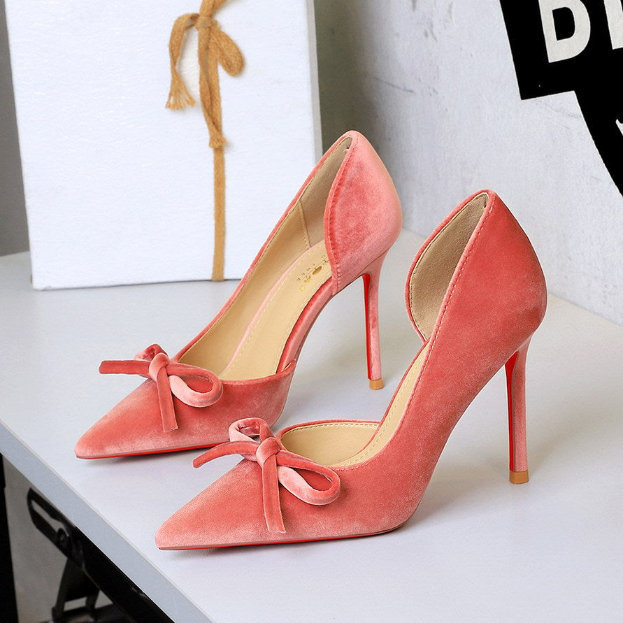 Sexy Red Bottom Stilettos Bow Side Empty High Heels Pointed Toe Cocktail Pumps Women