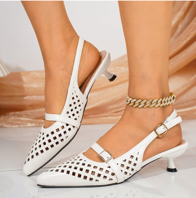 Ankle Strap Buckle Pointed Toe Mid Heel Sandals Women Hollowed Toe Box Back Air Breathable Shoes