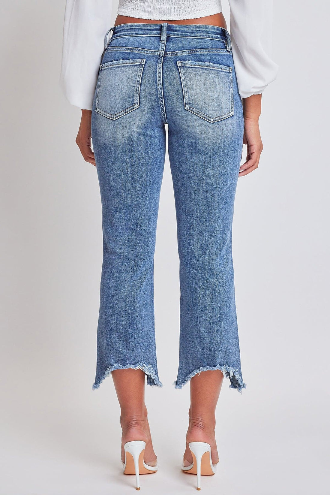 Women's Mid Rise Kick Flare Fray Hem Cropped Jeans