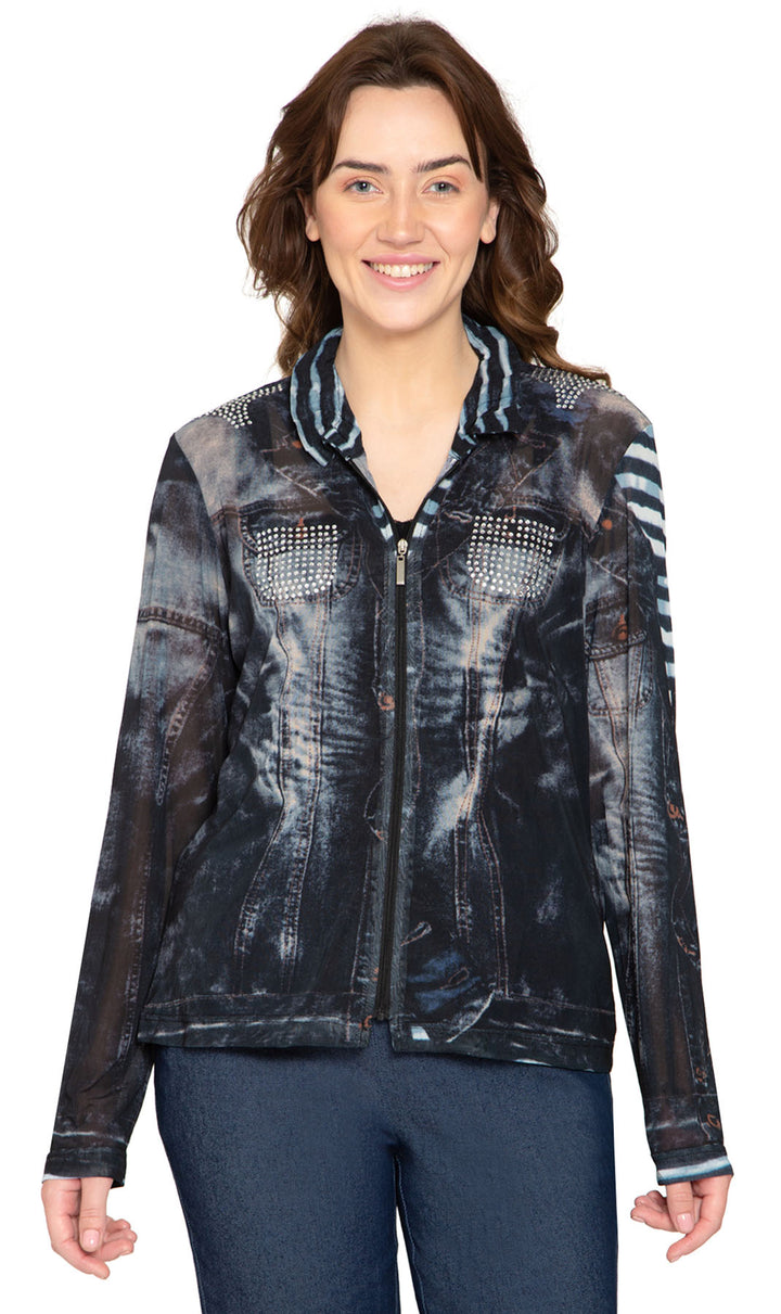Women's Zip Front Mesh Denim Look Printed Jacket