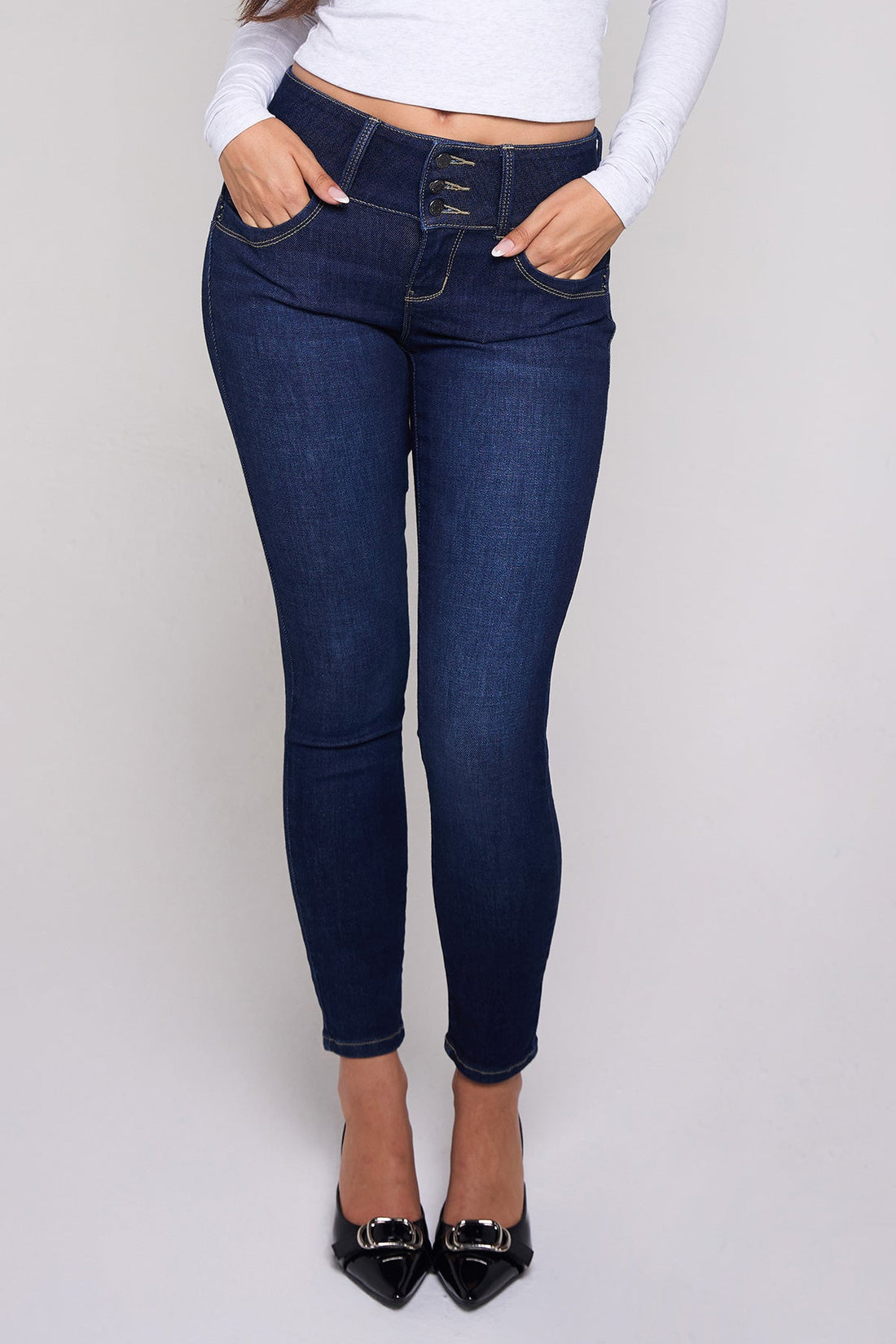 Women's Mid Rise 3-Button WannaBettaButt Skinny Jeans