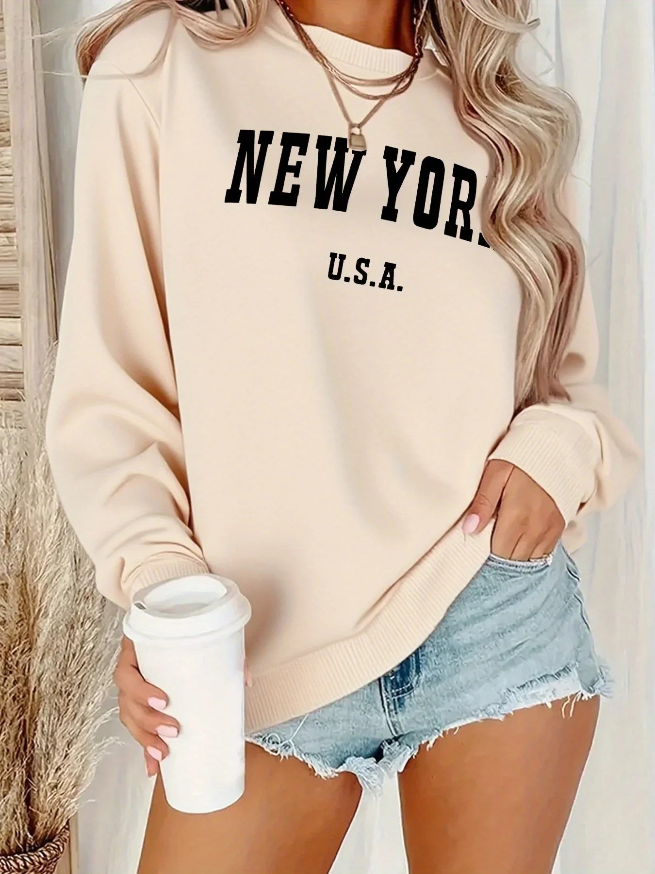 Women's Casual USA Print Pullover Sweatshirt Geometric Design Long Sleeve Round Neck Machine Washable Regular Fit for Autum