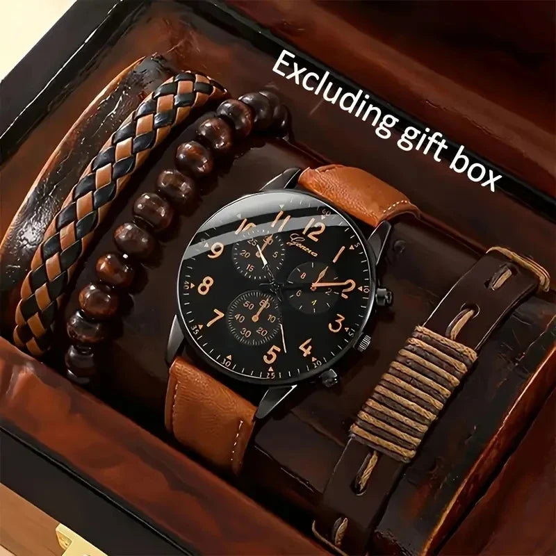 Men's Hip Hop Fashion Watch and Bracelet Set, Quartz Alloy Wristwatch