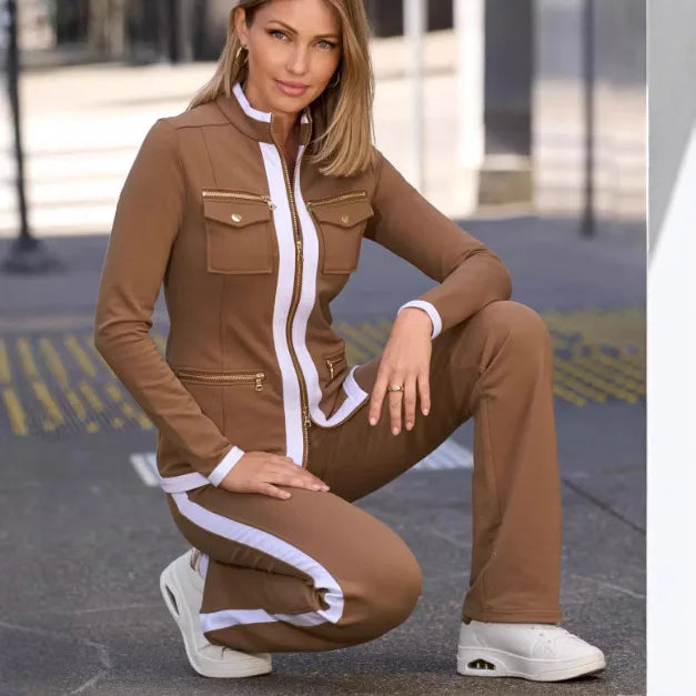Spring Autumn Two Piece Women Suit Pencil Pant & Zipper Sweater