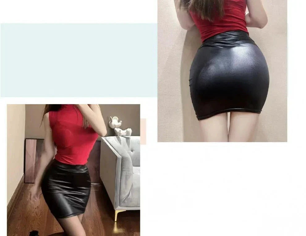 Mandotos Black Imitation Leather Pencil Mini Skirt High Waist Korean Fashion Women Wholesale Summer