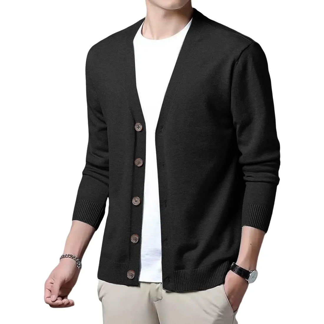 Men's V Neck Cardigan Sweater Single Breasted Ribbed Knitted