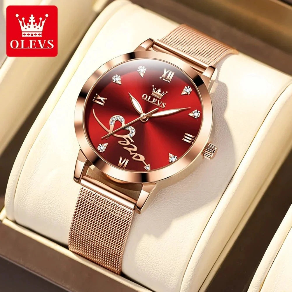 OLEVS Luxury Fashion Ladies' Watches Rose Gold Top Brand Original Quartz Watch for Women Stainless Steel Mesh Strap Love Dial