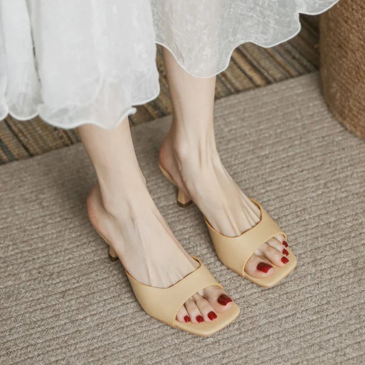 Size 34-43 Women Heeled Mules Sandals Soft Genuine Leather 6cm Heels Summer Shoes For Women Slippers Vintage Square Toe Mule