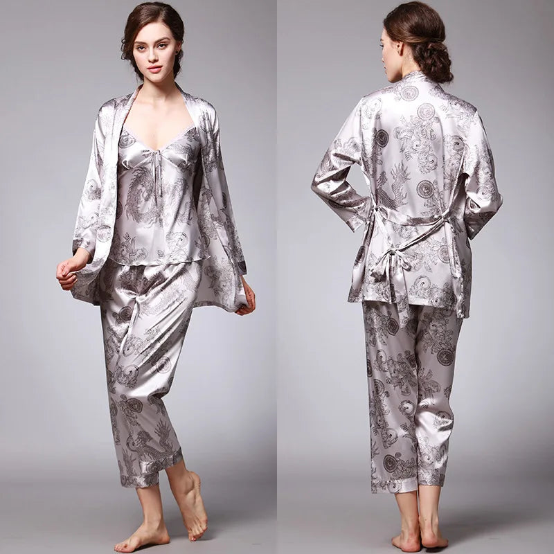 Women's Silk Satin Pajamas Set 3 Pcs Floral Silky Sets Sleepwear