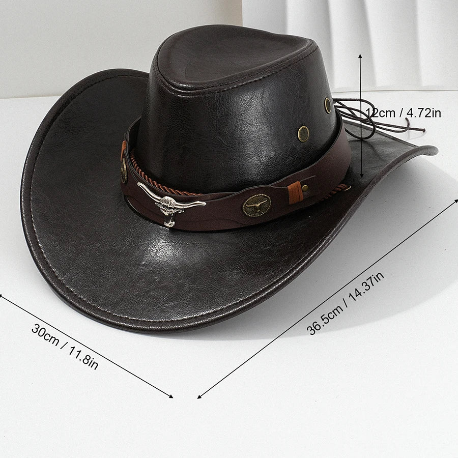 Unisex Vintage Faux Leather Western Cowboy Hat Outdoor Gentleman Cowgirl Jazz Cap Sombrero Hombre