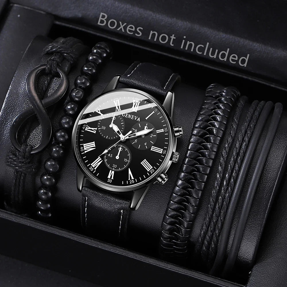 Men's Hip Hop Fashion Watch and Bracelet Set, Quartz Alloy Wristwatch