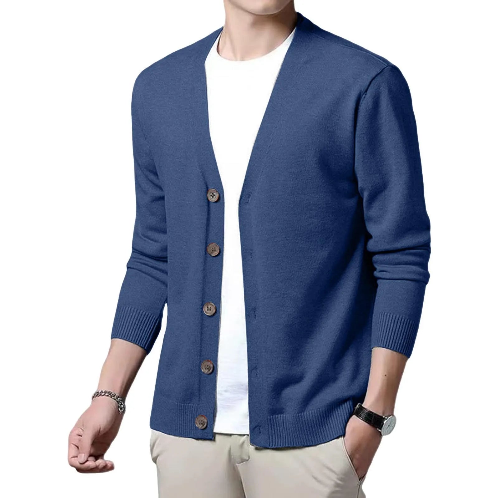 Men's V Neck Cardigan Sweater Single Breasted Ribbed Knitted