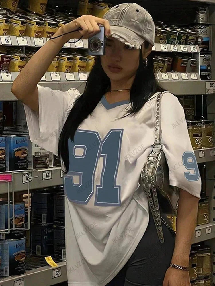 Summer New Retro No.91 Printed T-Shirt For Women V-Neck Short Sleeve Sports Football Jersey Y2K Loose Oversized Tops